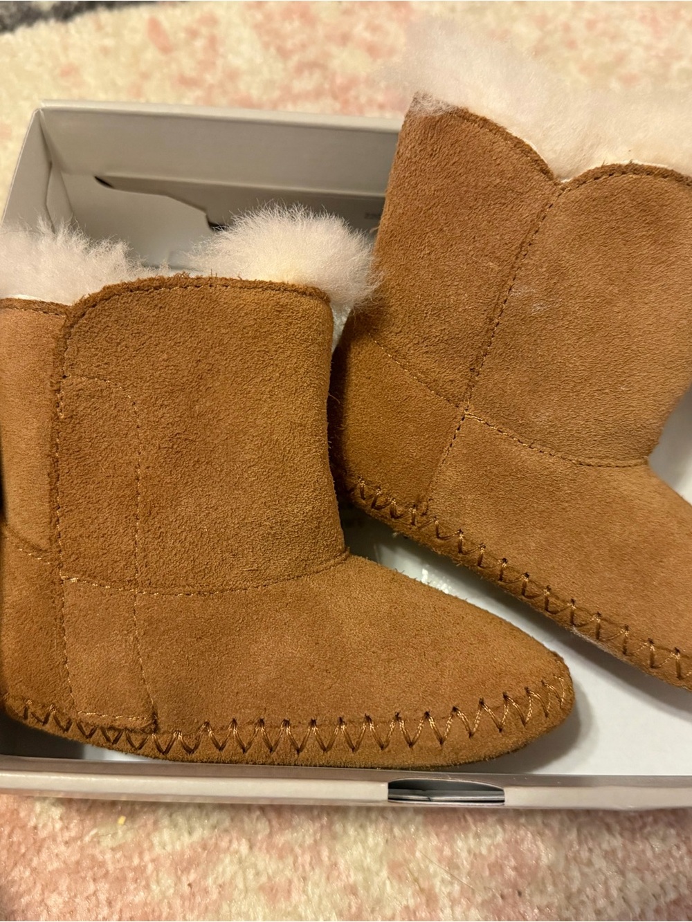 UGG Chestnut Suede Infant Slipper Booties with White Fur Trim